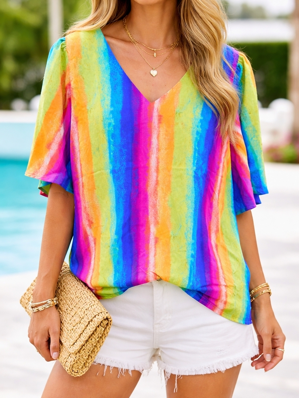 Emily Wonder Rainbow Stripe Blouse NWT Medium Colorful Boho Flutter Sleeve Top